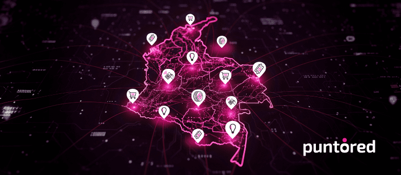 Mapa digital de Colombia resaltando ecosistemas de pagos masivos con puntos de conexión de Puntored